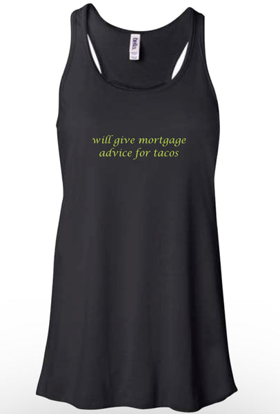 BRX Women’s Tank will give mortgage advice for Taco